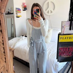asos small overalls. blue stripped. tie waist. open back.